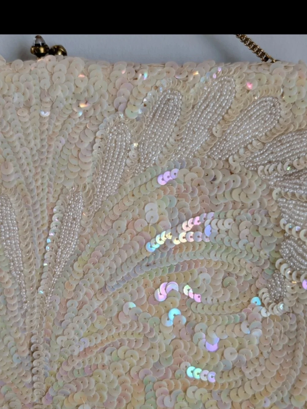 VTG 60s Josef Beaded Sequin Clutch Purse Cream Iridescent Hand Beaded In France